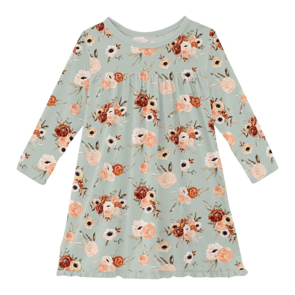 NEW KICKEE girl's long sleeve swing dress in aloe fall floral